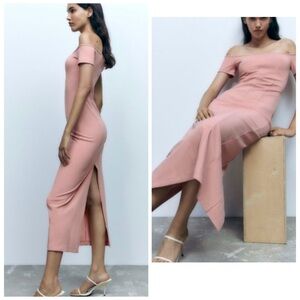 NWT Zara Blush Off-Shoulder Midi Dress size L chic sophisticated pink wedding